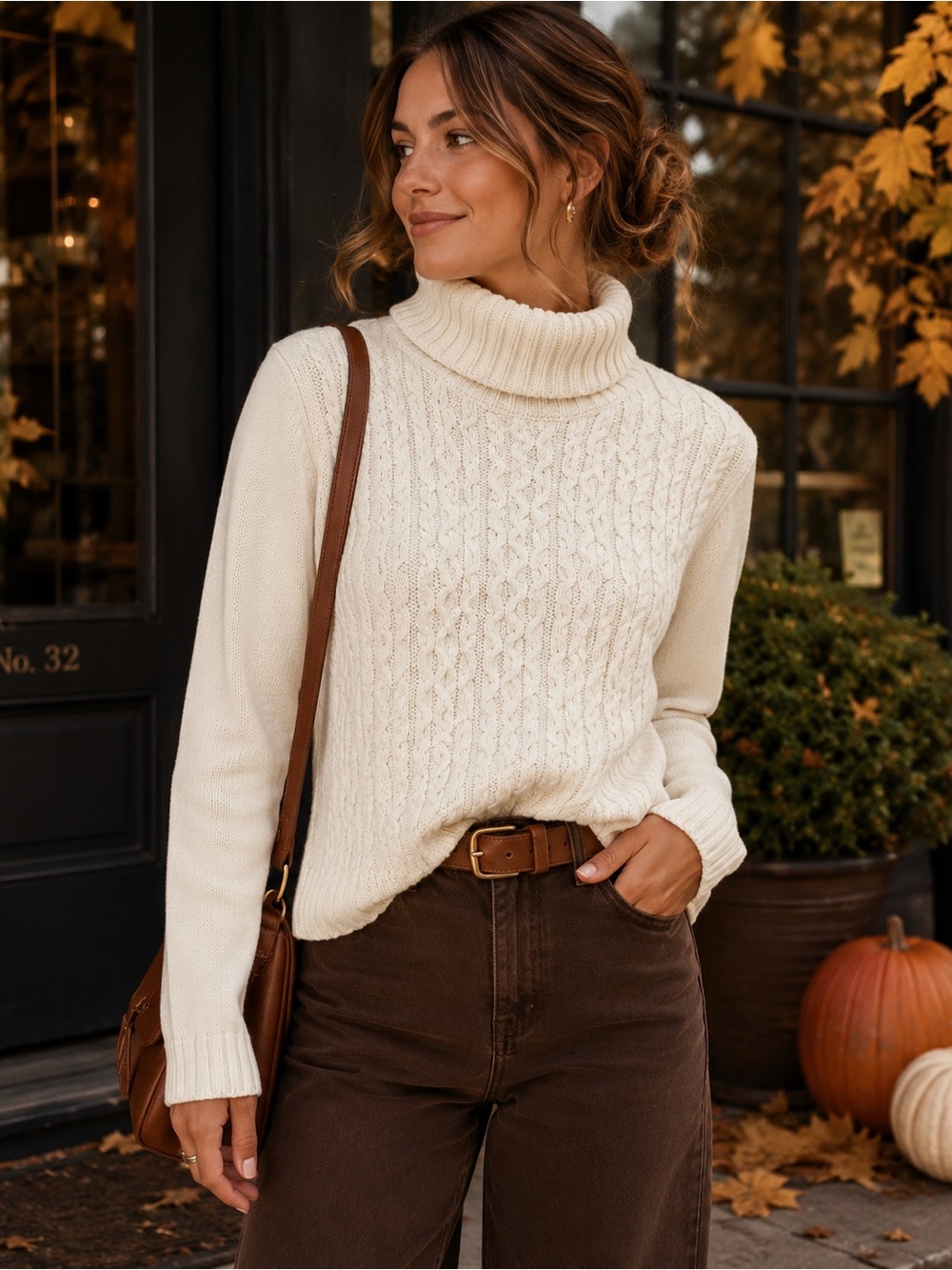 Coldwater Creek Cream Cable Knit Turtleneck Sweater Size M Cotton